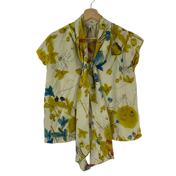 Twenty8Twelve Tops - Twenty8Twelve Silk Blouse Floral Scarf Front Cap Sleeve Yellow Caitlin Women's M